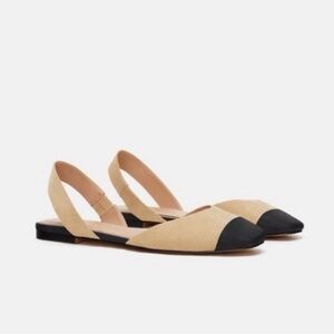 Zara Beige and Black Slingback Flats - Women. Size 39
